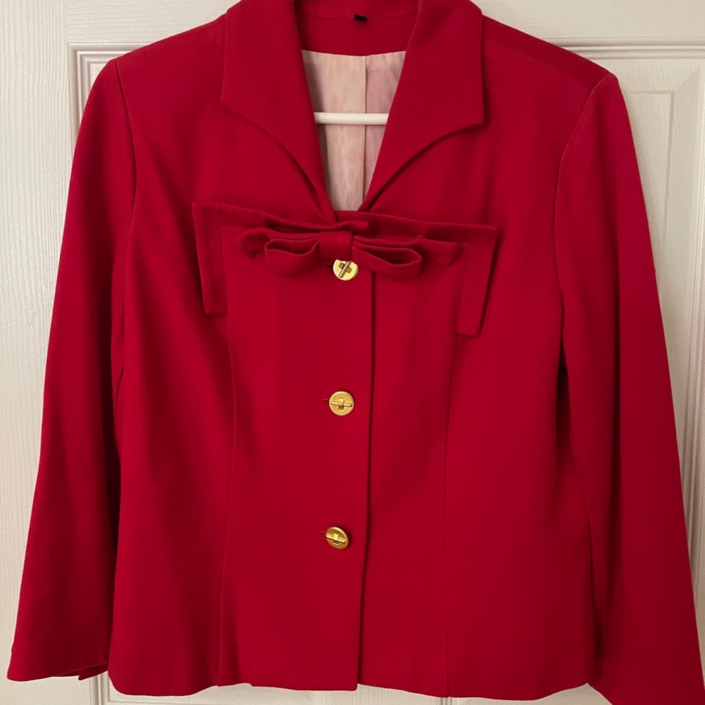 CAbi Cherry Red Jacket with Bow Detail